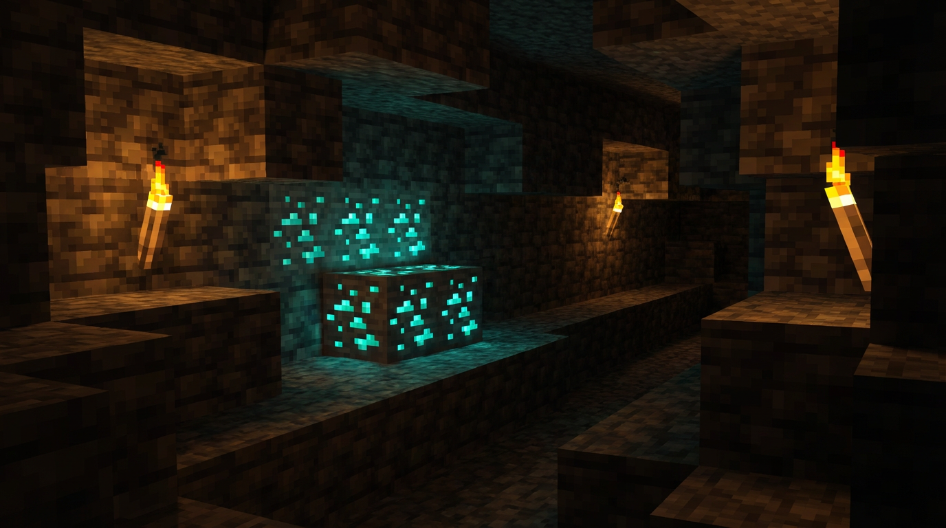 Bedrock cave scene with diamond ore in deepslate wall