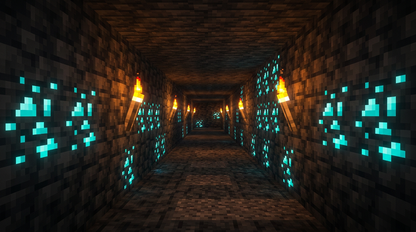 Deepslate corridor at optimal diamond depth with torches and visible ore