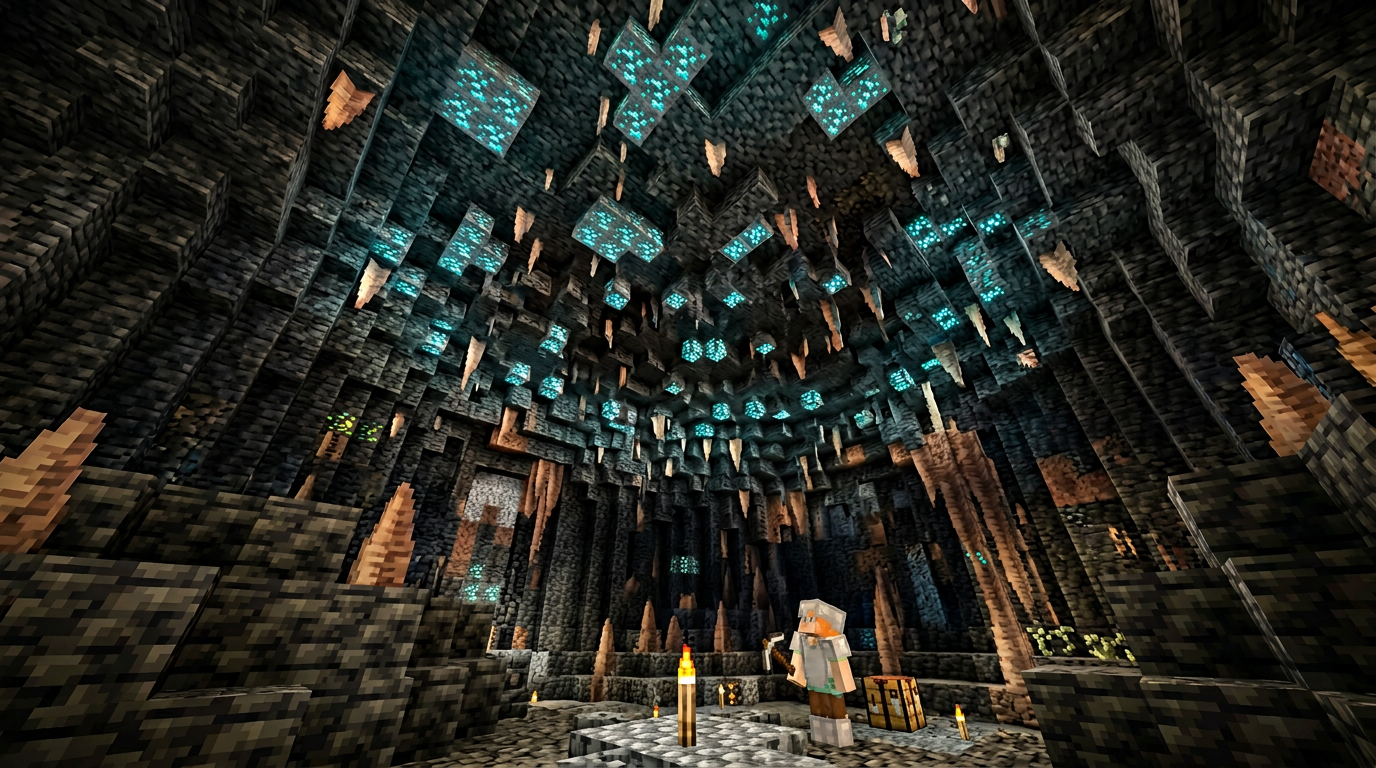 Large deepslate cave ceiling dotted with small diamond ore veins