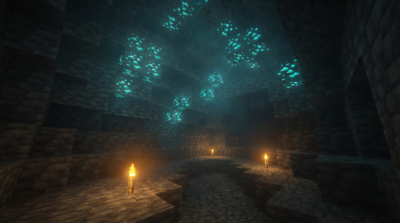 Deepslate tunnel showing clustered diamond ore blocks with torch lighting