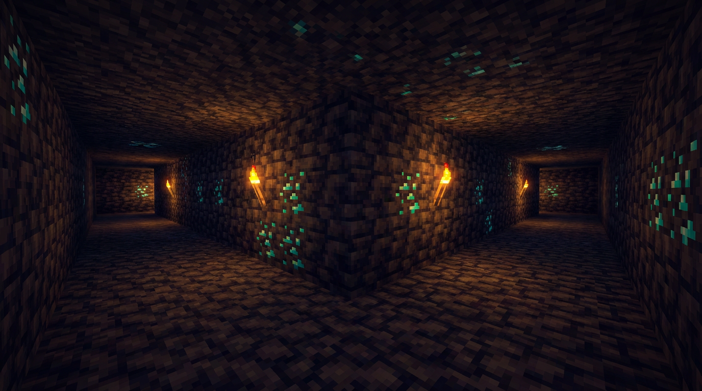 Branch mining corridor at Y minus fifty nine with deepslate walls and exposed diamond ore