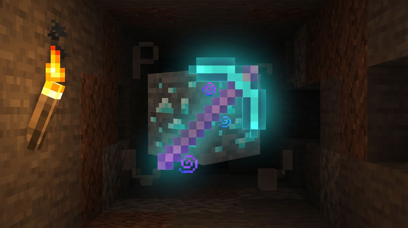 Fortune three enchanted diamond pickaxe resting near lit deepslate diamond ore block