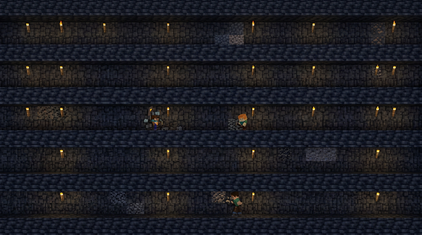 Overhead ore map with bright diamond clusters forming a tight corridor between two bases